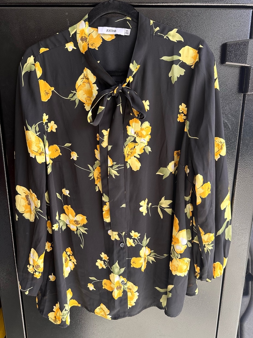 JustFab Black Blouse with Yellow Floral Tie-Neck